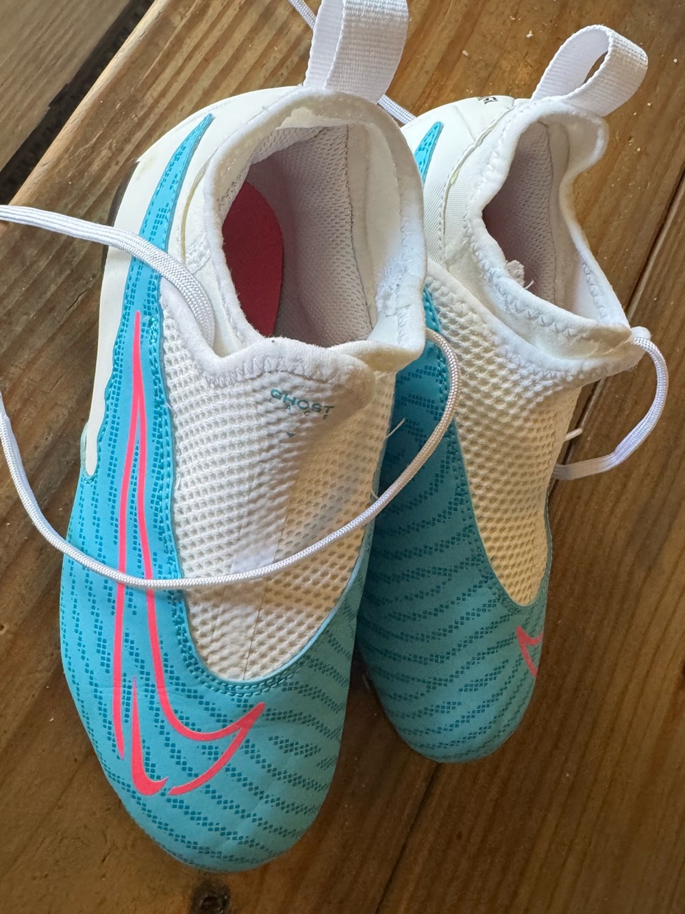 Nike Kids 2y size- White & Teal & Pink soccer cleats slip on/tie to secure